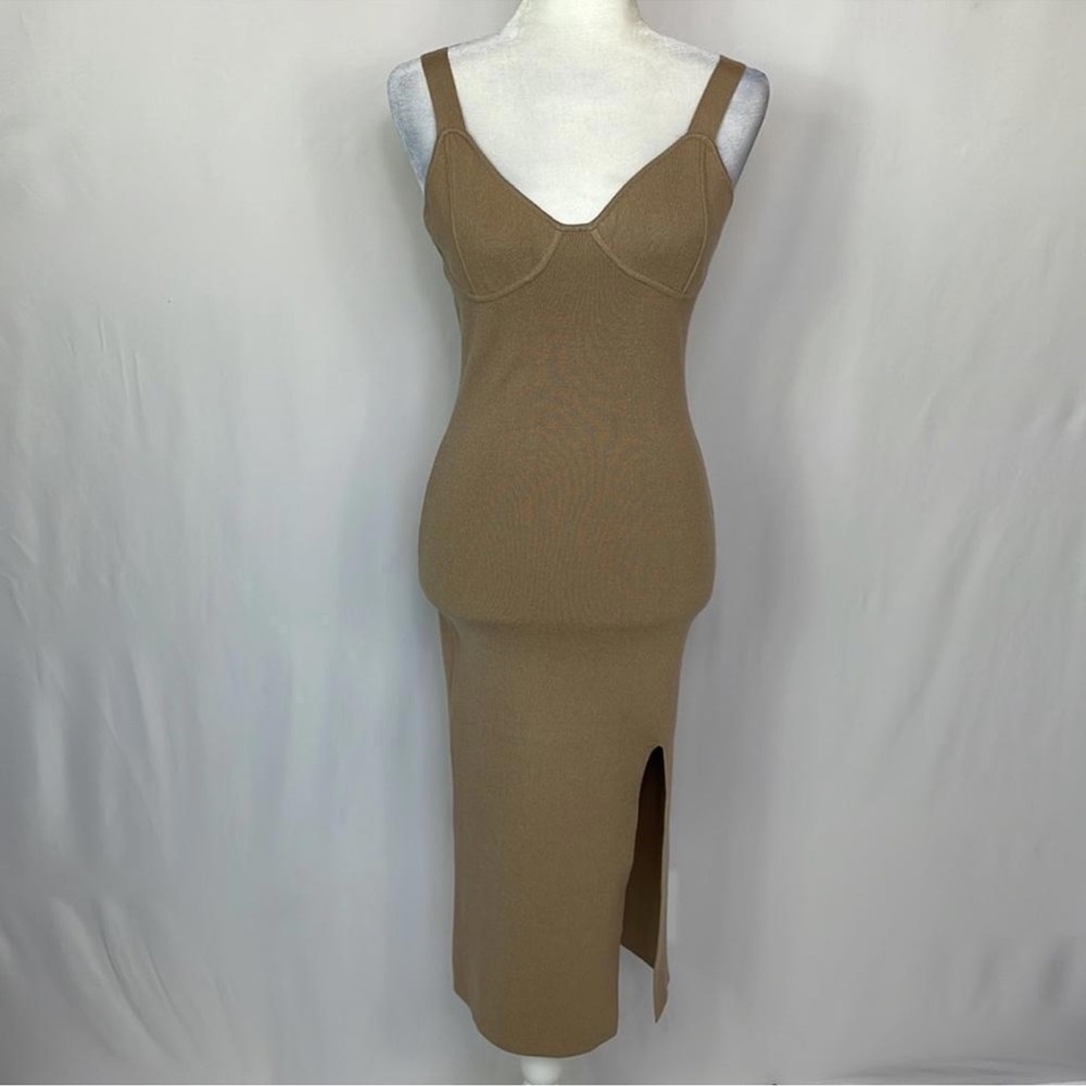 Willow‎ & Wind Tan Knit Midi Dress M Sleeveless Bodycon Slit NWT